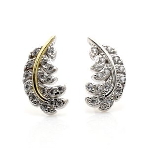 Silver CZ Gold Vermeil Feather Earrings