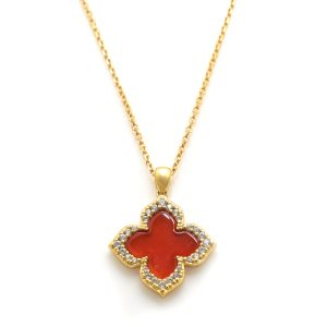 Gold Vermeil & CZ Vintage Clover Necklace set with Red Mother of Pearl