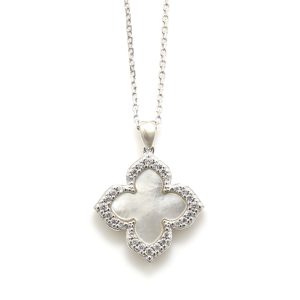Gold Vermeil & CZ Vintage Clover Leaf White Mother of Pearl Necklace