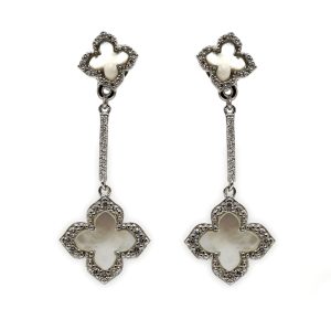 Gold Vermeil & CZ Vintage Clover Leaf White Mother of Pearl Double Drop Earrings