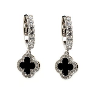Silver & CZ Vintage Black Enamel Clover Leaf Drop Earrings