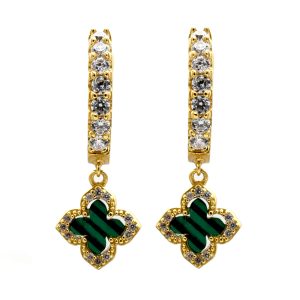 Gold Vermeil & CZ Vintage Formed Malachite Clover Leaf Drop Earrings