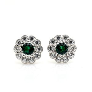 Silver Flower Clear & Emerald CZ Earrings