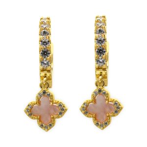 Gold vermeil CZ Vintage Clover Hoop Earrings set with Pink Mother of Pearl