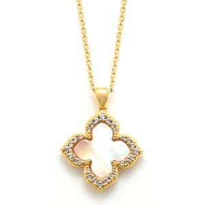 Gold Vermeil CZ Vintage Clover Pink Mother of Pearl Necklace