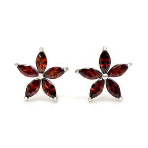 Silver Flower Ruby CZ Earrings