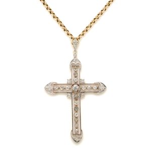 Fantastic Diamond Antique Platinum French Cross on an Antique Longuard Chain