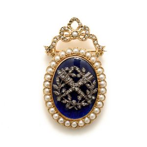 Beautiful Enamel, Diamond and Pearl Antique Brooch