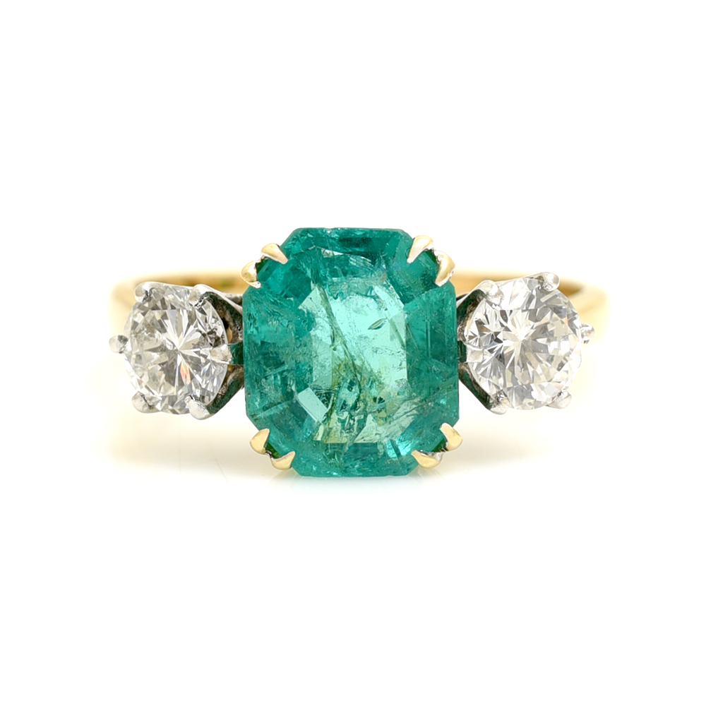 Beautiful Vintage Emerald & Diamond Three Stone Ring