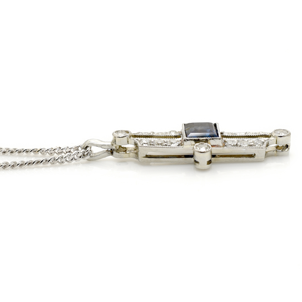 Beautiful Art Deco Sapphire & Diamond Pendant Necklace - Image 3